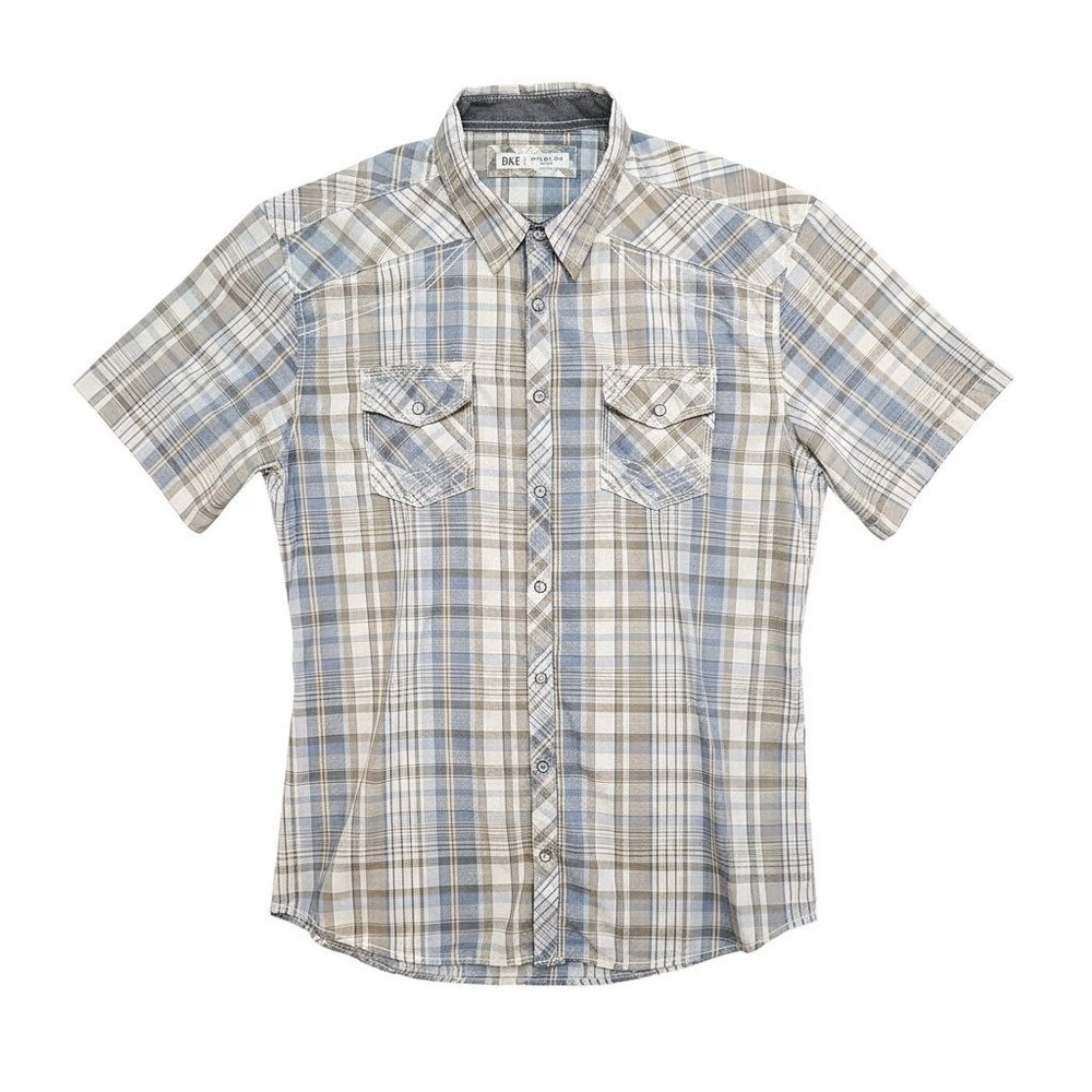 BKE Mens Athletic‎ Fit Plaid Short Sleeve Western Snap Button Down Shirt XL Blue
